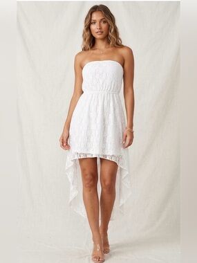 White Floral Lace Strapless High Low Dress Boho Cocktail Mini XXL/19